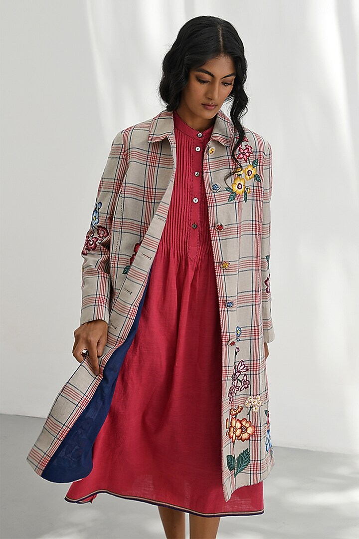 Beige Handloom Linen Bead Embroidered Checkered Jacket by Payal Pratap at Pernia's Pop Up Shop