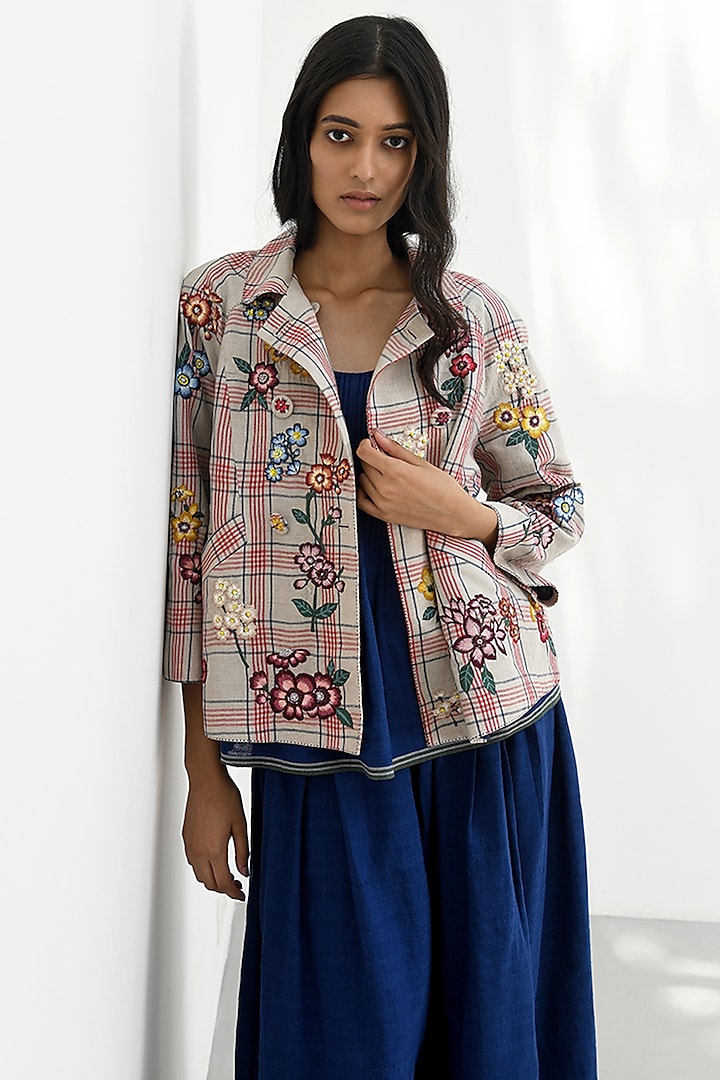 Beige Handloom Linen Floral Thread Embroidered Checkered Jacket by Payal Pratap at Pernia's Pop Up Shop