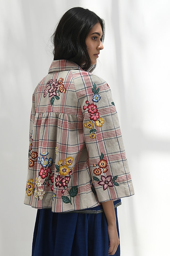 Beige Handloom Linen Floral Thread Embroidered Checkered Jacket by Payal Pratap at Pernia's Pop Up Shop