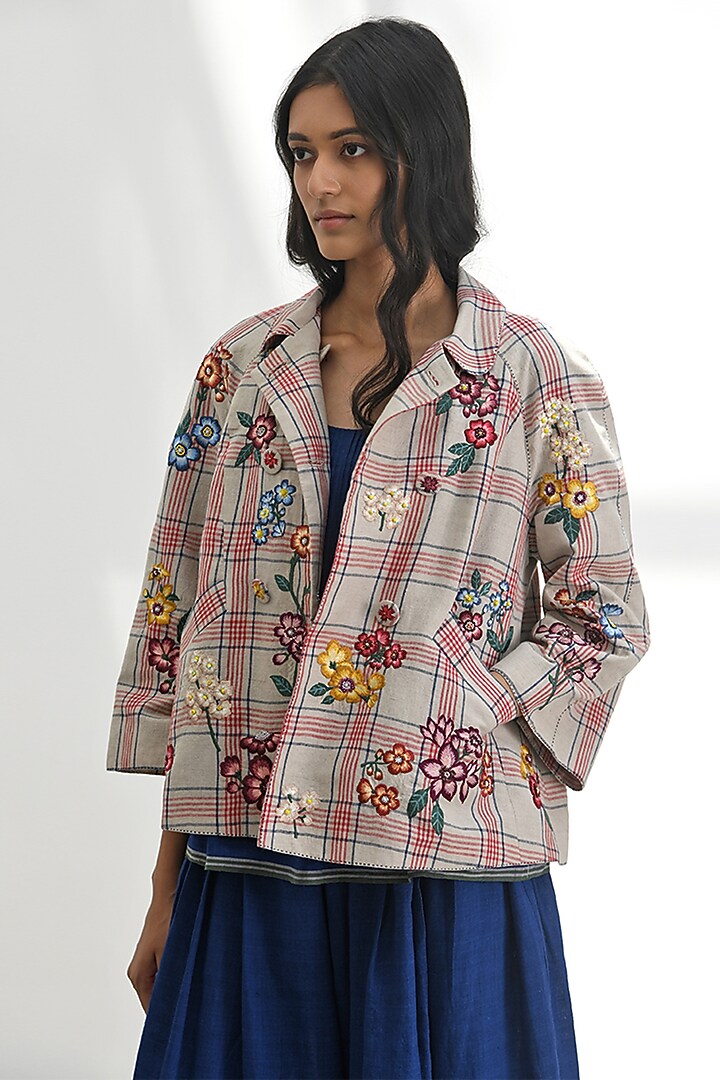 Beige Handloom Linen Floral Thread Embroidered Checkered Jacket by Payal Pratap at Pernia's Pop Up Shop