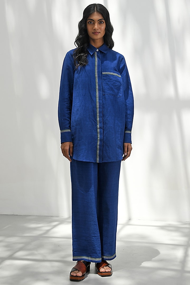 Persian Blue Handloom Linen Shirt by Payal Pratap at Pernia's Pop Up Shop