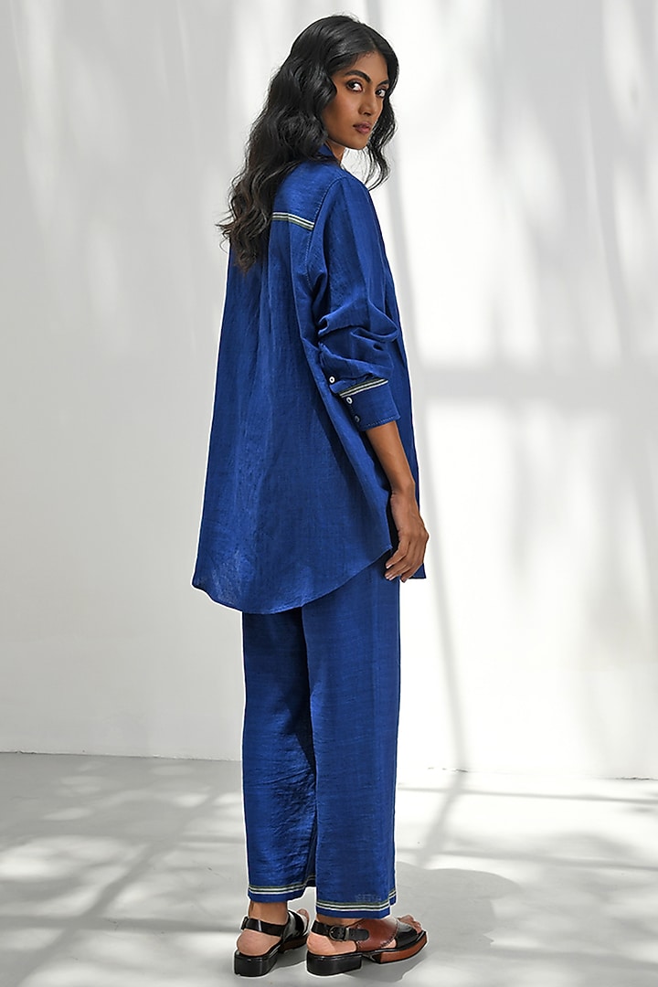 Persian Blue Handloom Linen Shirt by Payal Pratap at Pernia's Pop Up Shop