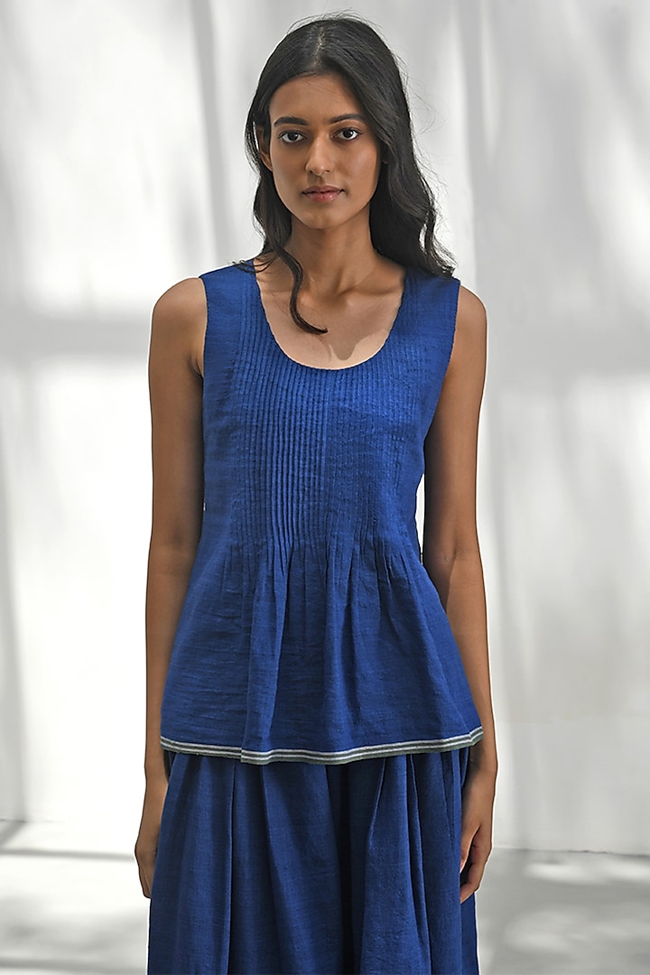 Cobalt Blue Handloom Linen Top by Payal Pratap at Pernia's Pop Up Shop