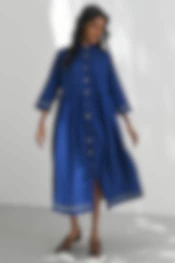 Persian Blue Handloom Linen Open Tunic Dress by Payal Pratap at Pernia's Pop Up Shop