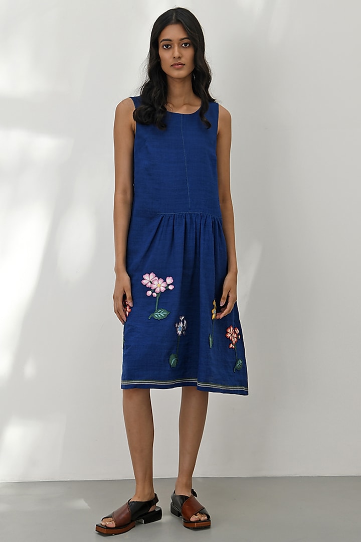 Persian Blue Handloom Linen Floral Applique Embroidered Dress by Payal Pratap at Pernia's Pop Up Shop