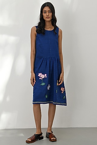 Persian Blue Handloom Linen Floral Applique Embroidered Dress by Payal Pratap
