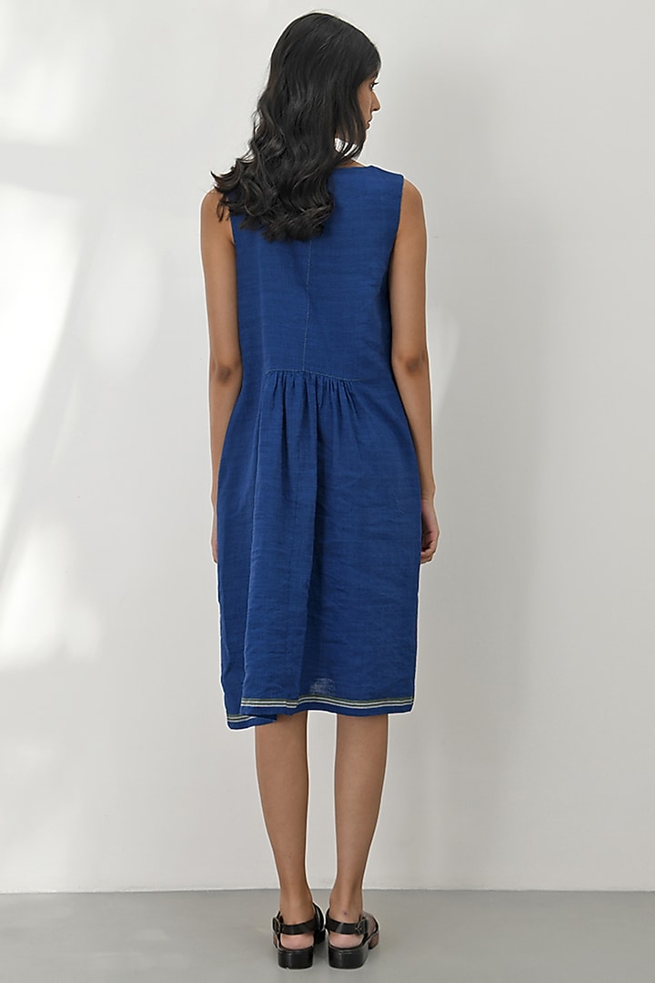 Persian Blue Handloom Linen Floral Applique Embroidered Vacation Dress by Payal Pratap at Pernia's Pop Up Shop