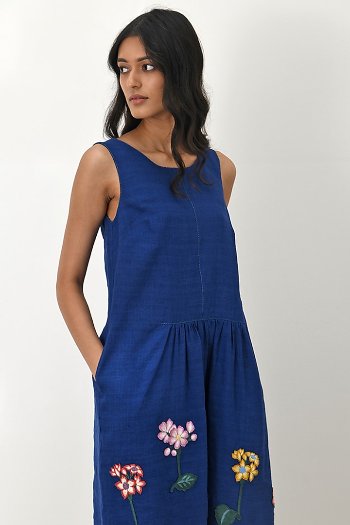 Persian Blue Handloom Linen Floral Applique Embroidered Vacation Dress by Payal Pratap at Pernia's Pop Up Shop