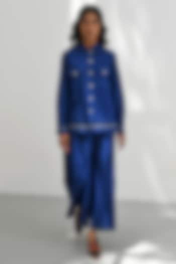 Persian Blue Handloom Linen Shirt Jacket by Payal Pratap at Pernia's Pop Up Shop