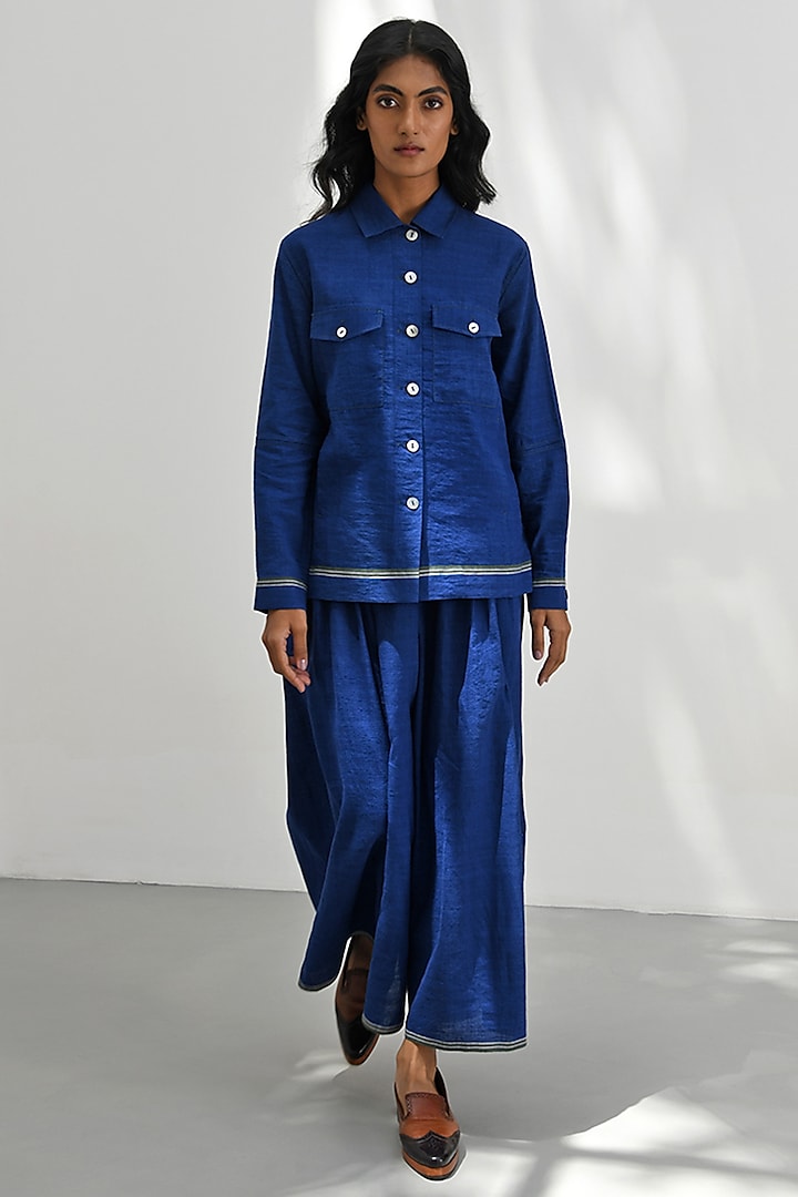 Persian Blue Handloom Linen Shirt Jacket by Payal Pratap at Pernia's Pop Up Shop