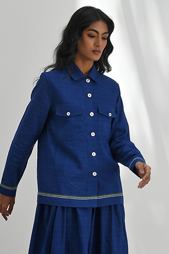 Persian Blue Handloom Linen Shirt Jacket by Payal Pratap at Pernia's Pop Up Shop