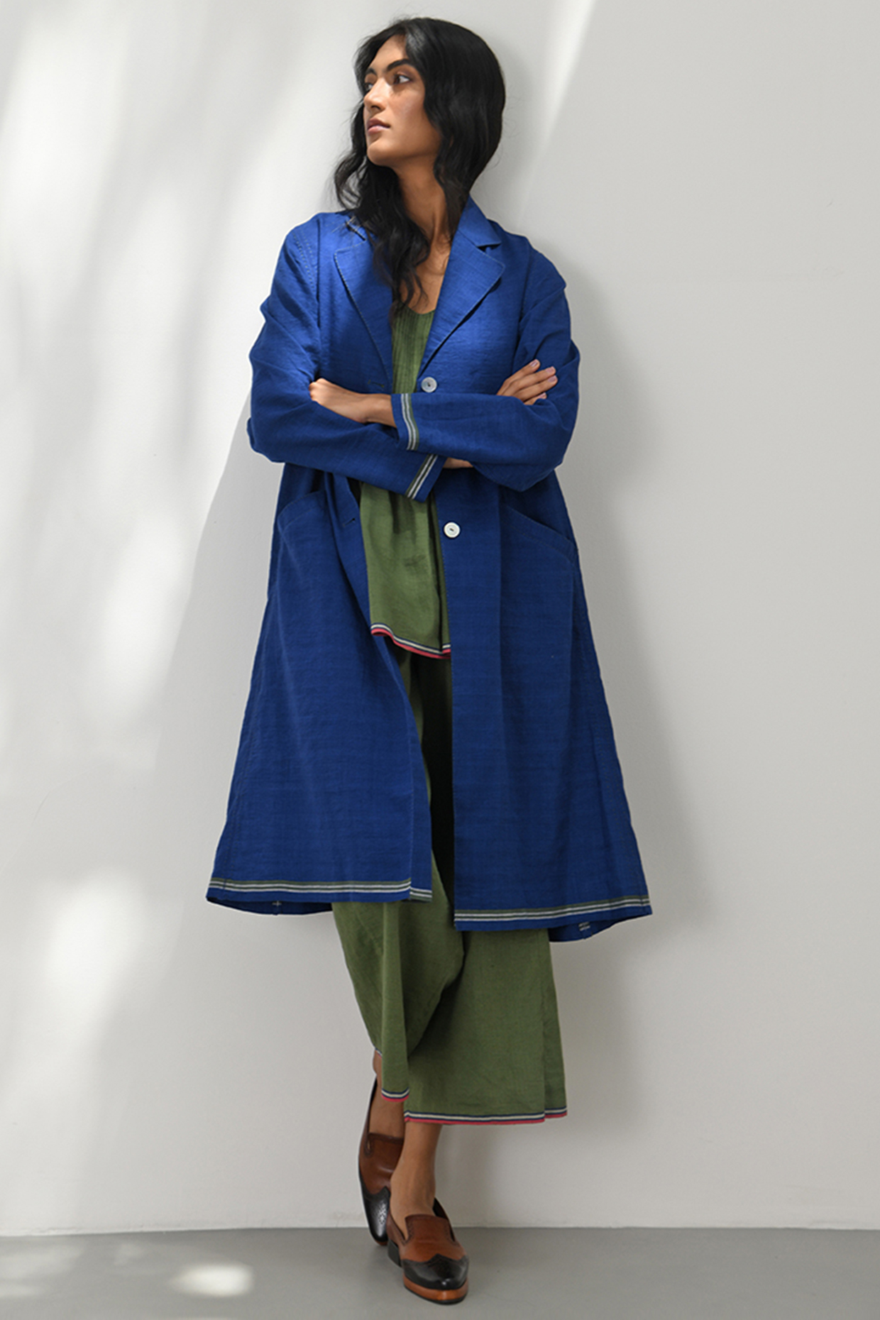 Persian Blue Handloom Linen A-Line Jacket by Payal Pratap at Pernia's Pop Up Shop