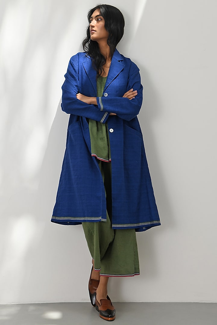 Persian Blue Handloom Linen A-Line Jacket by Payal Pratap at Pernia's Pop Up Shop