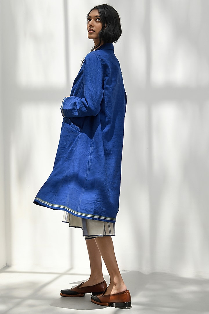 Persian Blue Handloom Linen A-Line Jacket by Payal Pratap at Pernia's Pop Up Shop