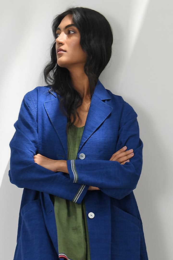 Persian Blue Handloom Linen A-Line Jacket by Payal Pratap at Pernia's Pop Up Shop