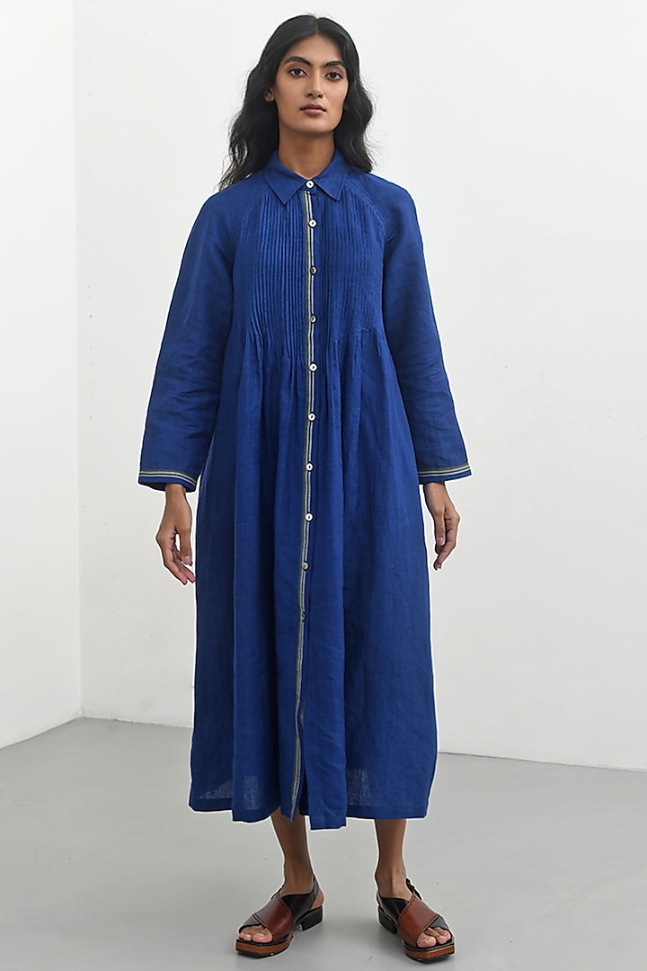 Persian Blue Handloom Linen Dress by Payal Pratap at Pernia's Pop Up Shop