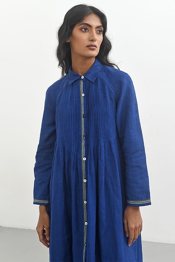 Persian Blue Handloom Linen Vacation Dress by Payal Pratap at Pernia's Pop Up Shop