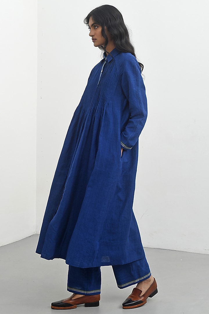 Persian Blue Handloom Linen Vacation Dress by Payal Pratap at Pernia's Pop Up Shop