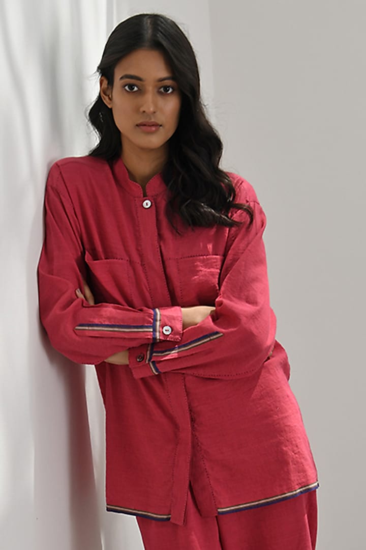 Crimson Red Handloom Linen Shirt by Payal Pratap at Pernia's Pop Up Shop