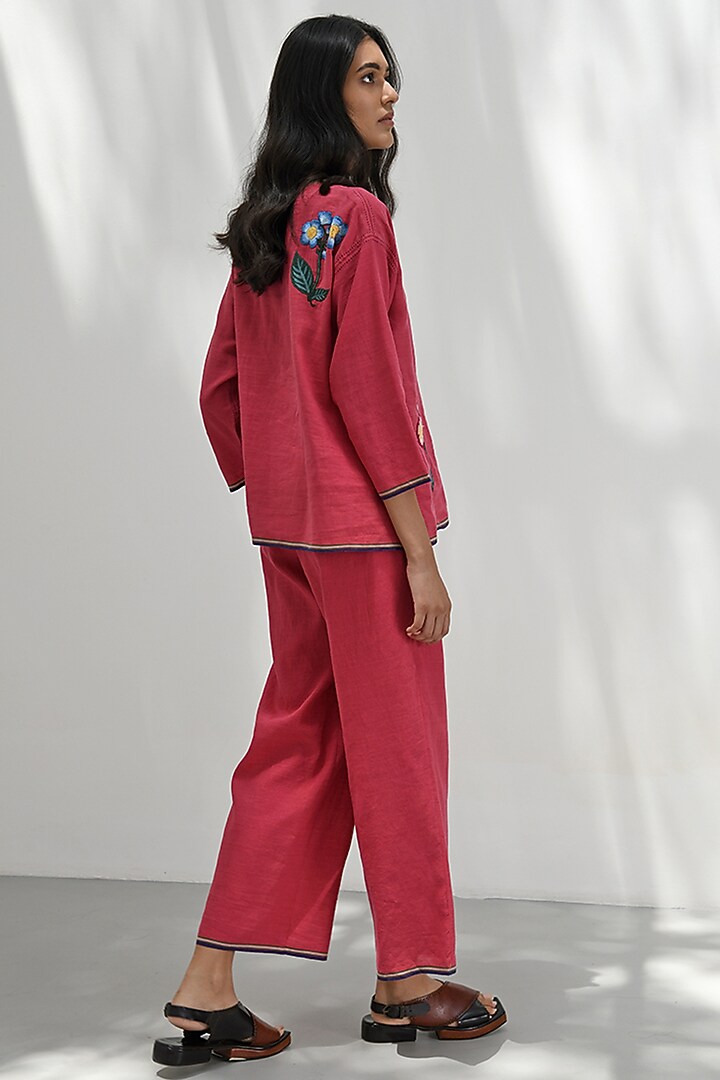 Crimson Red Handloom Linen Applique Floral Embroidered Boxy Top by Payal Pratap at Pernia's Pop Up Shop
