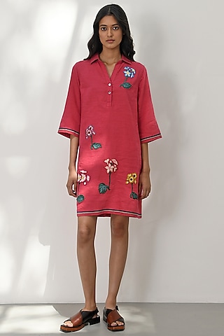 Crimson Red Handloom Linen Floral Applique Embroidered Mini Dress by Payal Pratap