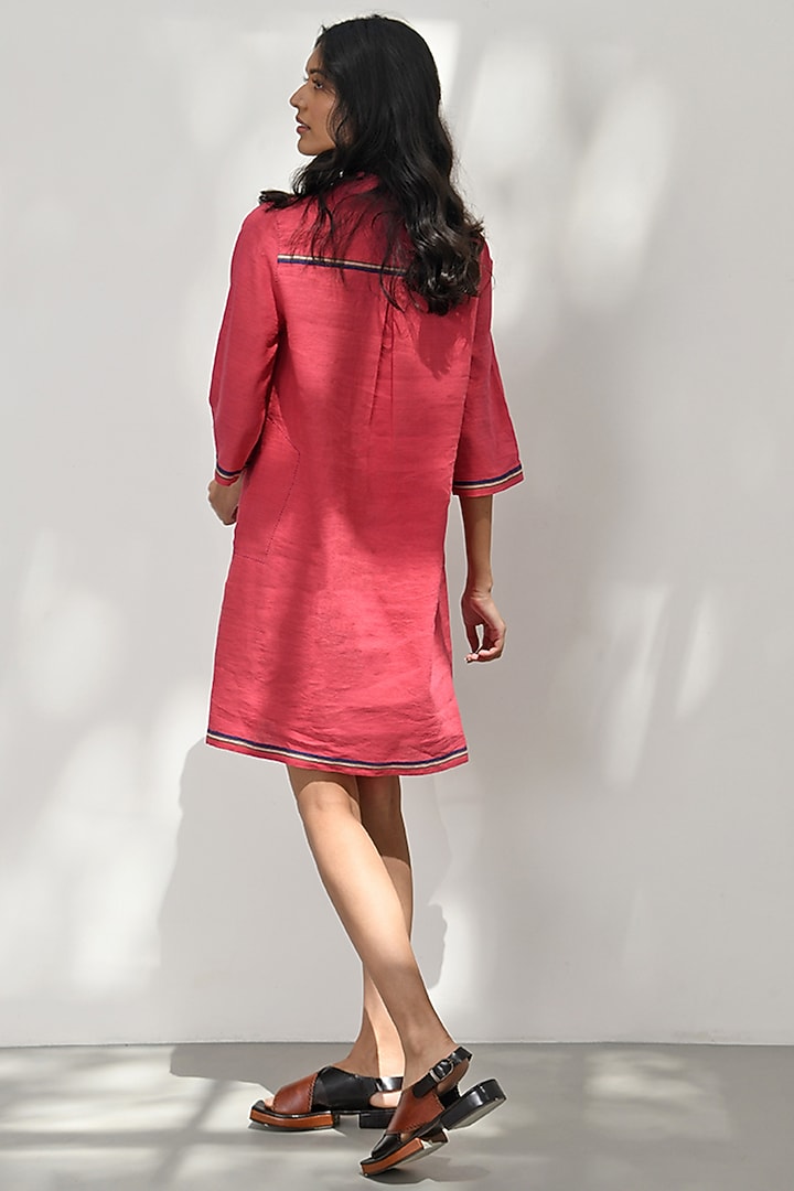 Crimson Red Handloom Linen Floral Applique Embroidered Mini Vacation Dress by Payal Pratap at Pernia's Pop Up Shop