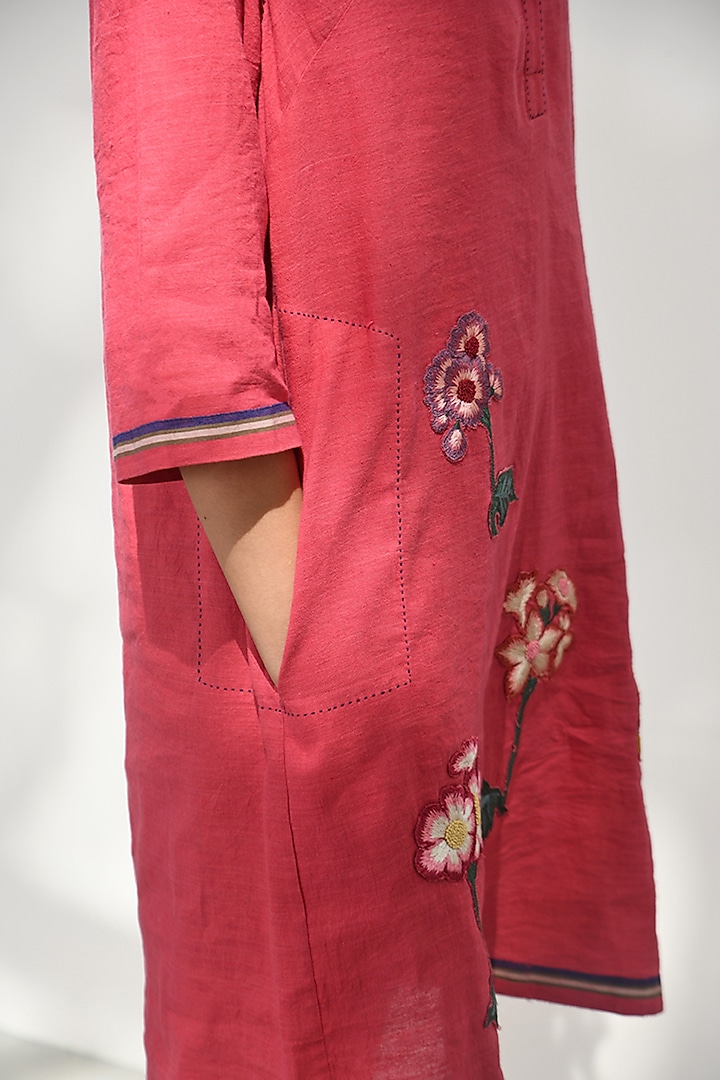 Crimson Red Handloom Linen Floral Applique Embroidered Mini Vacation Dress by Payal Pratap at Pernia's Pop Up Shop