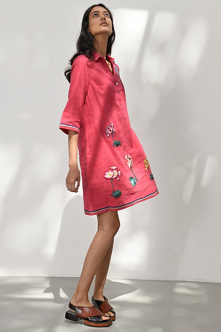 Crimson Red Handloom Linen Floral Applique Embroidered Mini Vacation Dress by Payal Pratap at Pernia's Pop Up Shop