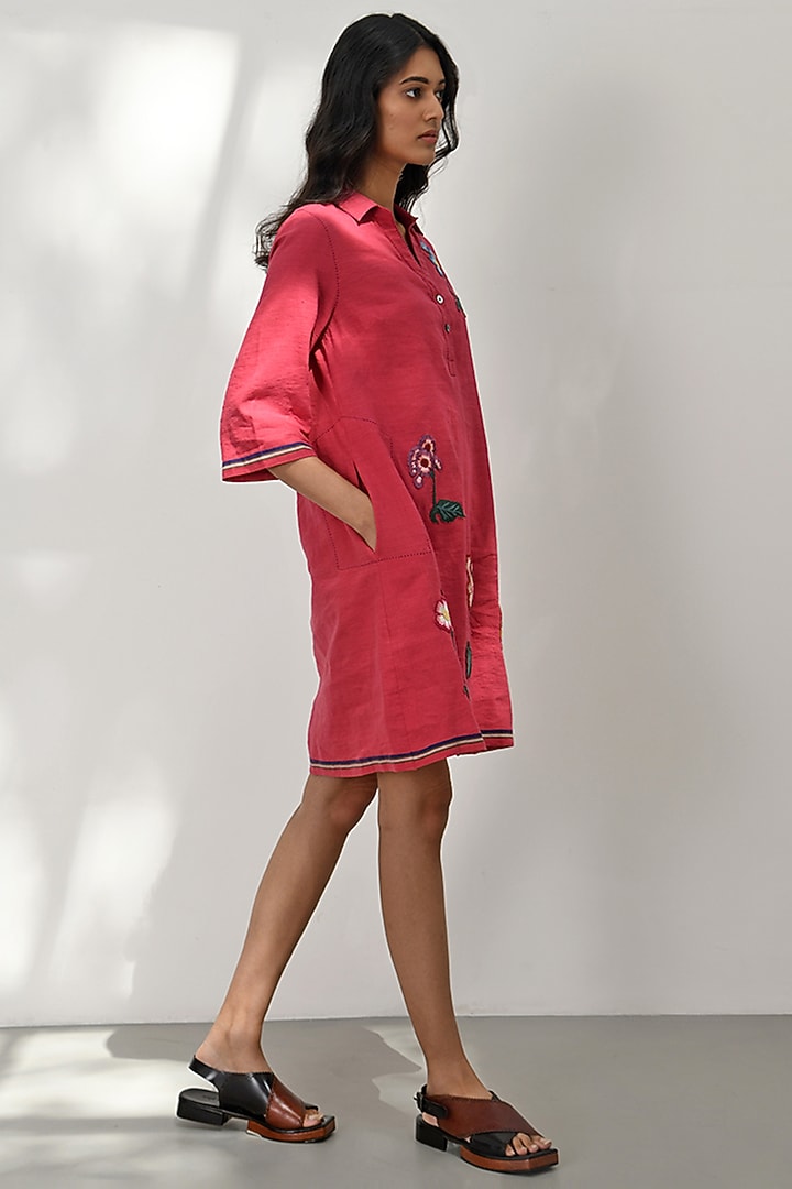 Crimson Red Handloom Linen Floral Applique Embroidered Mini Vacation Dress by Payal Pratap at Pernia's Pop Up Shop