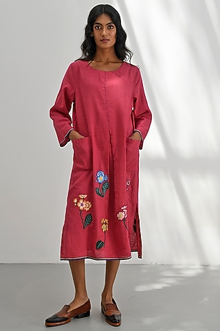 Crimson Red Handloom Linen Floral Applique Embroidered Box Pleated Dress by Payal Pratap