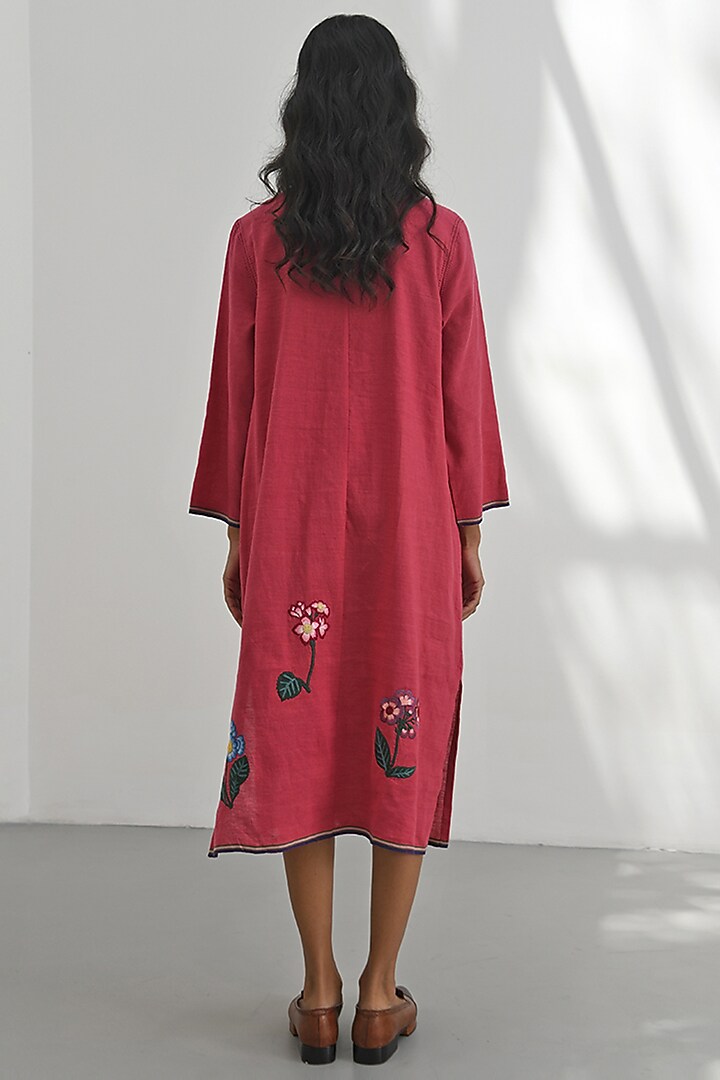 Crimson Red Handloom Linen Floral Applique Embroidered Box Pleated Vacation Dress by Payal Pratap at Pernia's Pop Up Shop