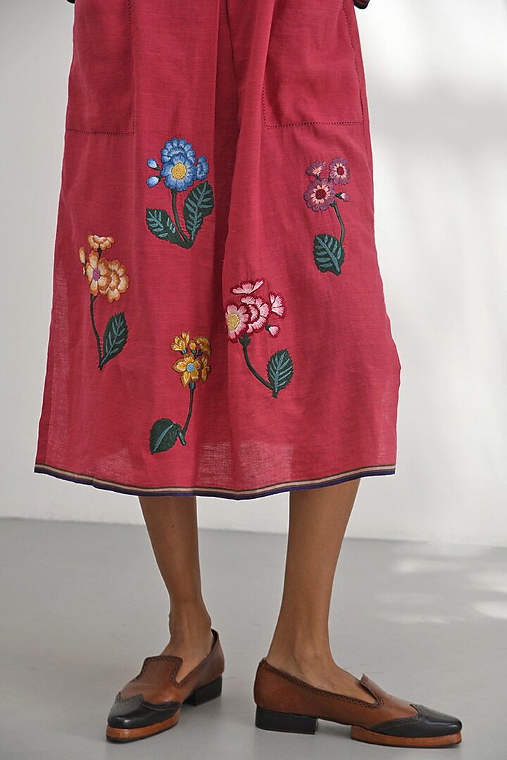 Crimson Red Handloom Linen Floral Applique Embroidered Box Pleated Vacation Dress by Payal Pratap at Pernia's Pop Up Shop