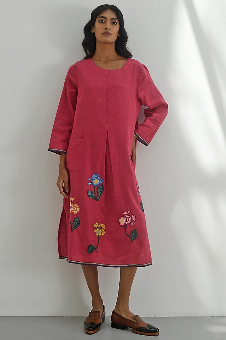 Crimson Red Handloom Linen Floral Applique Embroidered Box Pleated Vacation Dress by Payal Pratap at Pernia's Pop Up Shop