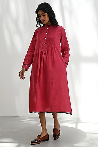 Crimson Red Handloom Linen Dress by Payal Pratap