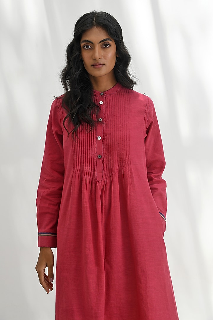 Crimson Red Handloom Linen Vacation Dress by Payal Pratap at Pernia's Pop Up Shop