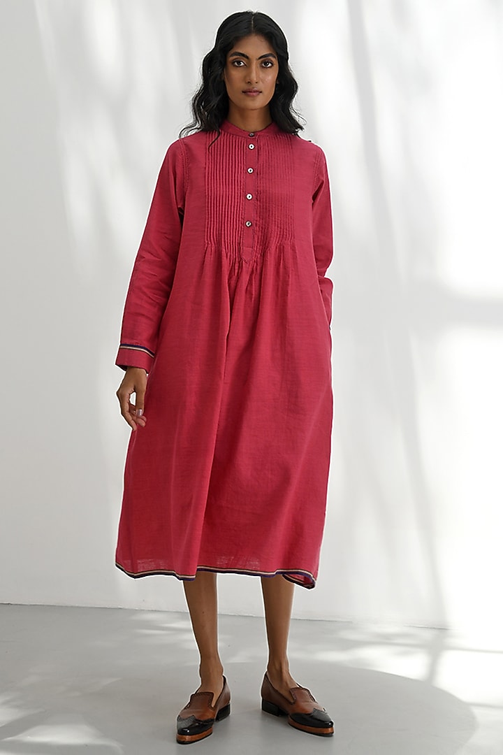 Crimson Red Handloom Linen Vacation Dress by Payal Pratap at Pernia's Pop Up Shop