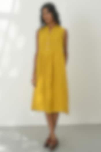 Mustard Yellow Handloom Linen Pleated Dress by Payal Pratap at Pernia's Pop Up Shop