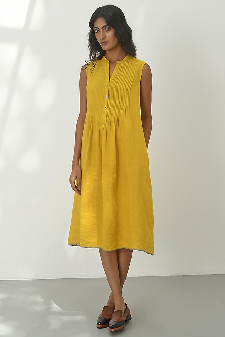 Mustard Yellow Handloom Linen Pleated Dress by Payal Pratap at Pernia's Pop Up Shop