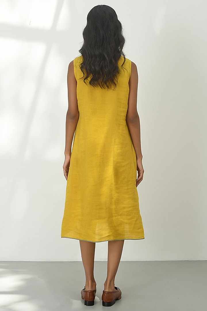Mustard Yellow Handloom Linen Pleated Vacation Dress by Payal Pratap at Pernia's Pop Up Shop