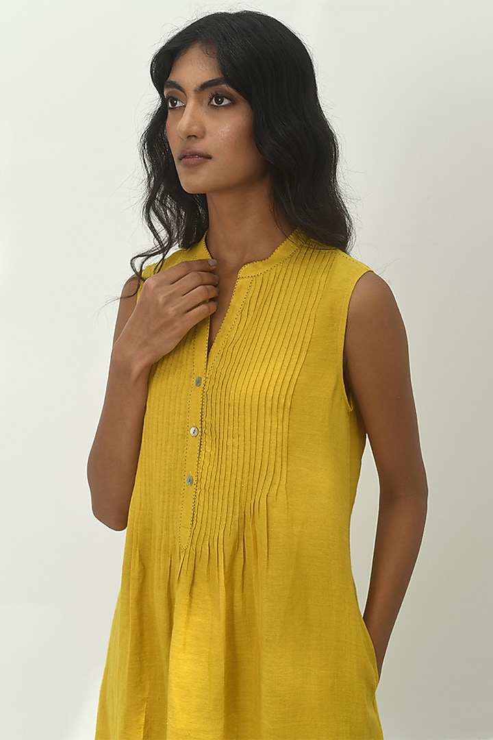 Mustard Yellow Handloom Linen Pleated Vacation Dress by Payal Pratap at Pernia's Pop Up Shop