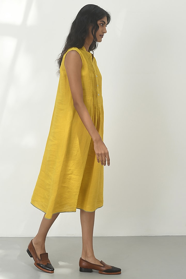 Mustard Yellow Handloom Linen Pleated Vacation Dress by Payal Pratap at Pernia's Pop Up Shop