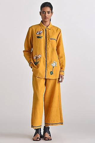 Mustard Yellow Handloom Linen Floral Applique Embroidered Shirt by Payal Pratap