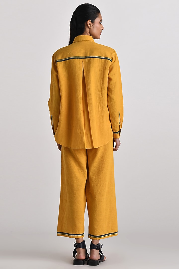 Mustard Yellow Handloom Linen Floral Applique Embroidered Shirt by Payal Pratap at Pernia's Pop Up Shop