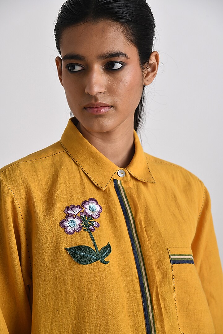 Mustard Yellow Handloom Linen Floral Applique Embroidered Shirt by Payal Pratap at Pernia's Pop Up Shop