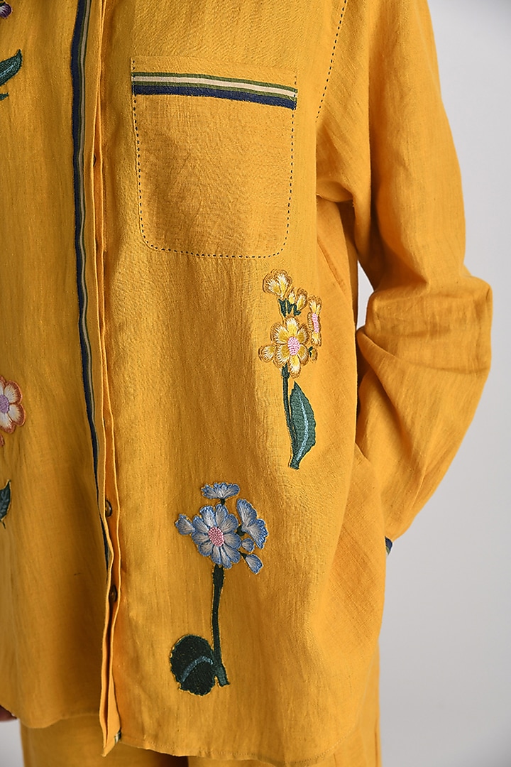 Mustard Yellow Handloom Linen Floral Applique Embroidered Shirt by Payal Pratap at Pernia's Pop Up Shop