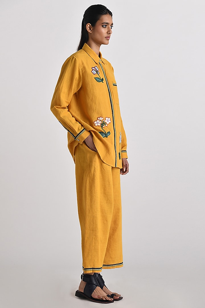 Mustard Yellow Handloom Linen Floral Applique Embroidered Shirt by Payal Pratap at Pernia's Pop Up Shop