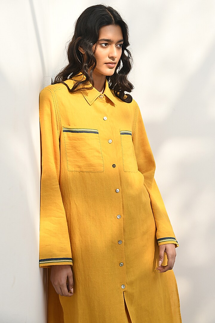 Mustard Yellow Handloom Linen Tunic by Payal Pratap at Pernia's Pop Up Shop