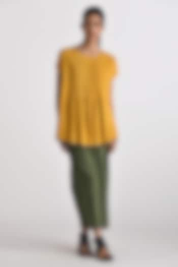 Mustard Yellow Handloom Linen Pleated Top by Payal Pratap at Pernia's Pop Up Shop