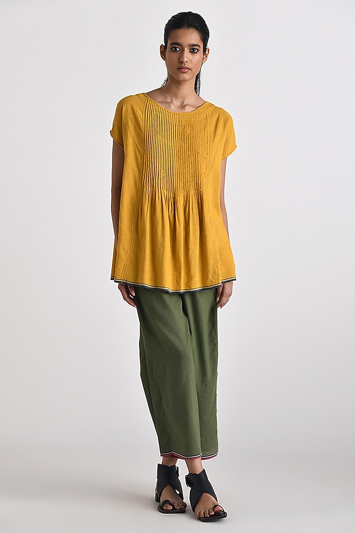 Mustard Yellow Handloom Linen Pleated Top by Payal Pratap at Pernia's Pop Up Shop