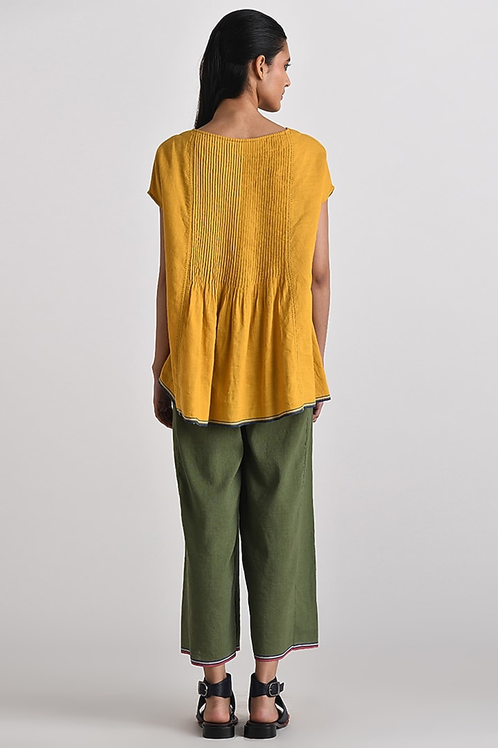 Mustard Yellow Handloom Linen Pleated Top by Payal Pratap at Pernia's Pop Up Shop